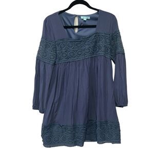 She + Sky Size Medium Navy Peasant Lined Dress Lace‎ Trim Boho